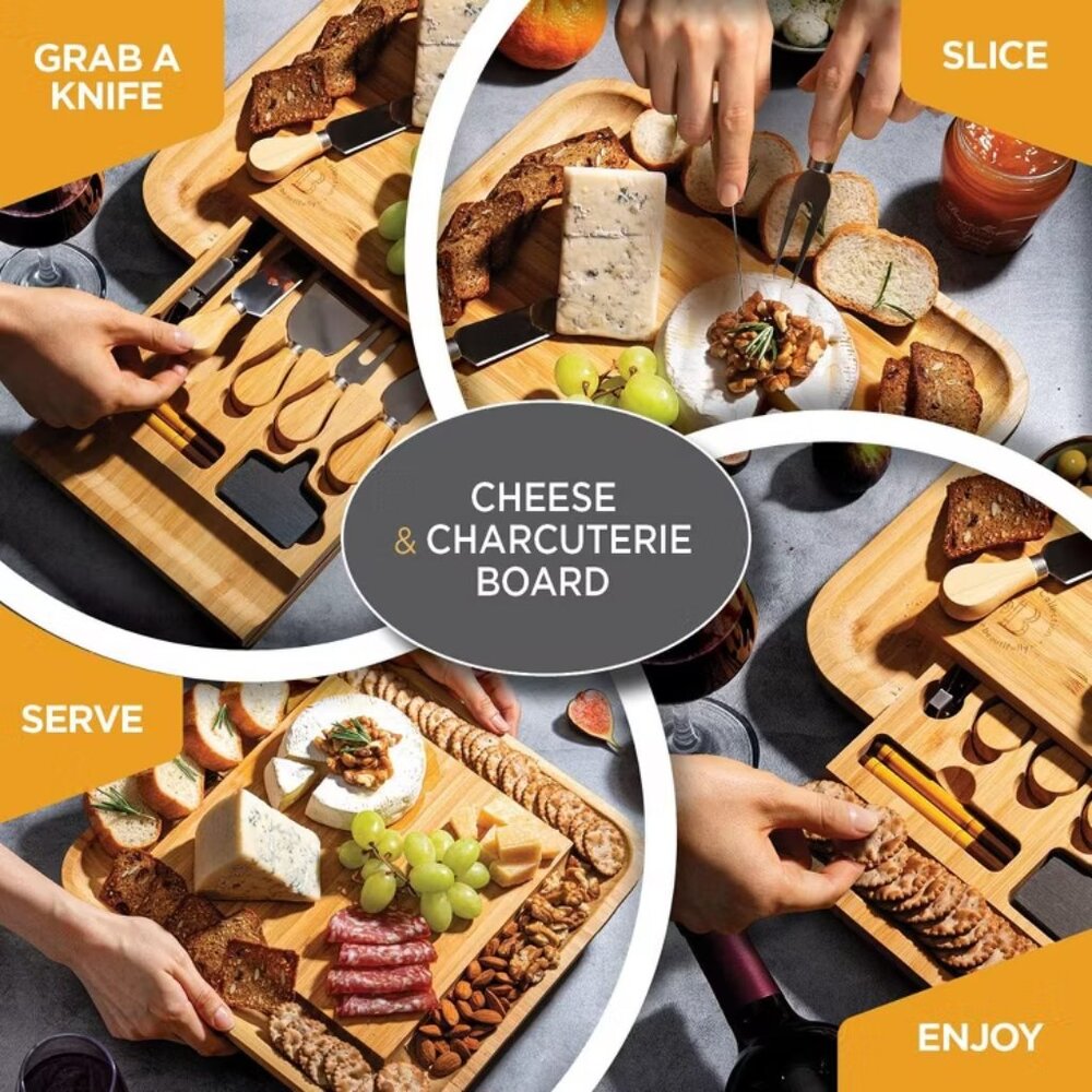 BAMBUSI Charcuterie Board Set-Large Bamboo Cheese & Meat Platter - Picture 9 of 11